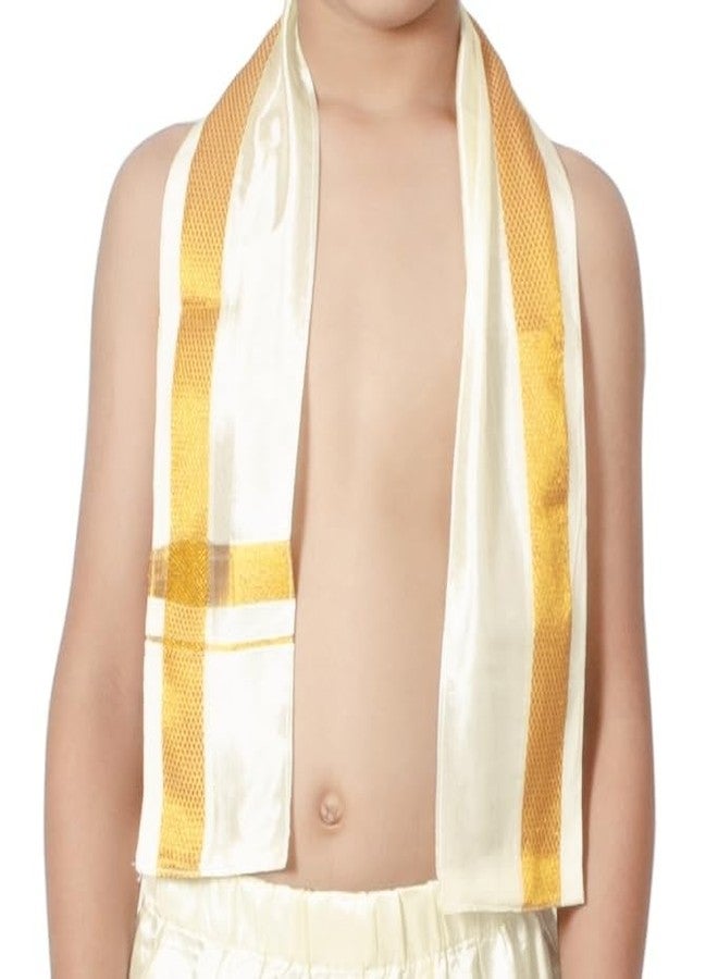 Chandrakala Dhoti & Angvastram Set for Boys, South indian Dress with Golden Border,Cream-Gold,11-12 Years (KB105CRE13) - Image 4